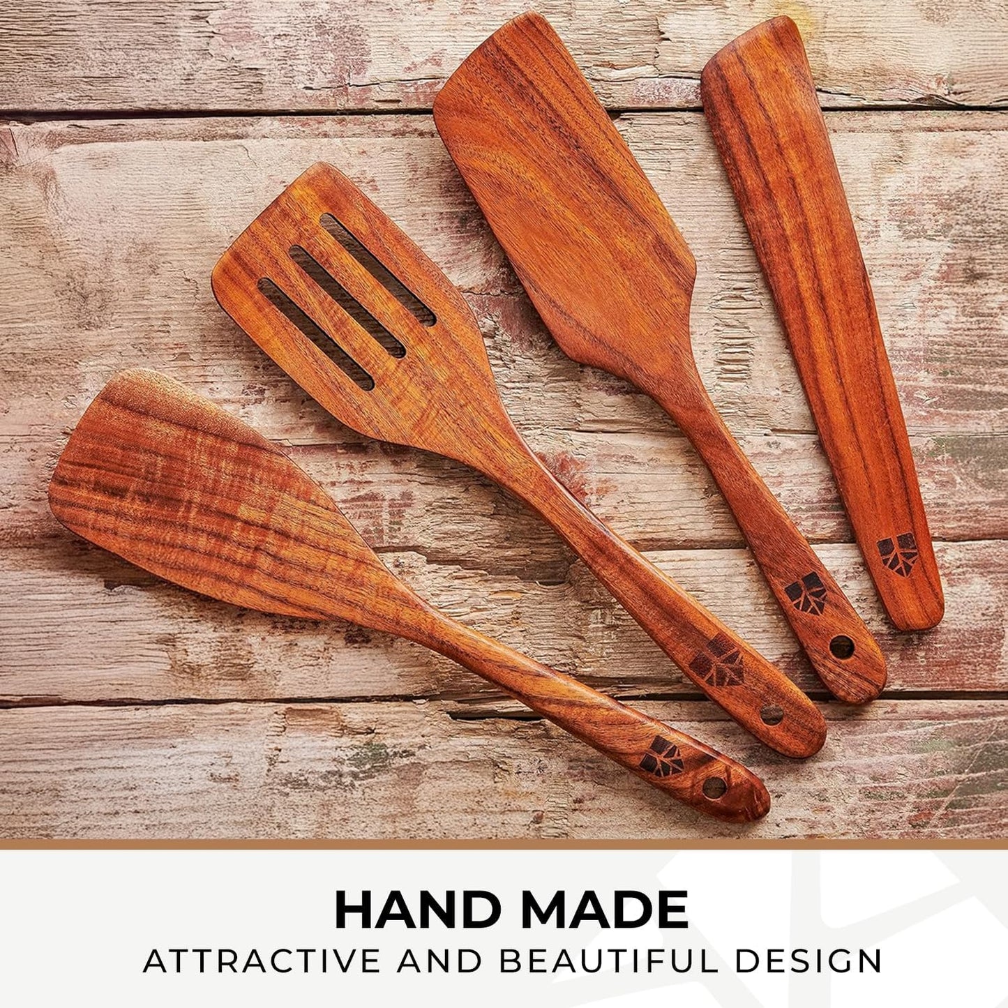 Wooden Spatula for Cooking, Kitchen Spatula Set of 4, Natural Teak Kitchen Utensils Including Paddle, Turner, Slotted Spurtle and Wood Scraper - Nonstick cookware