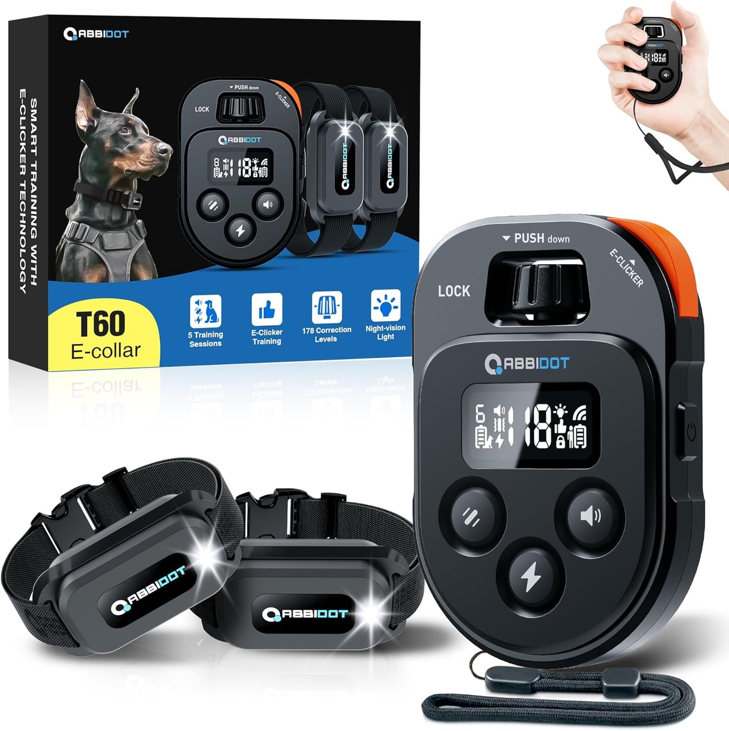 ABBIDOT Shock Collar 2 Dogs - 4500ft Dog Training Collar, 178 Levels, E-cliker, Waterproof Remote & Collar, Night Light E Collar for Small Medium Large Dogs (Black, 2 Collars)