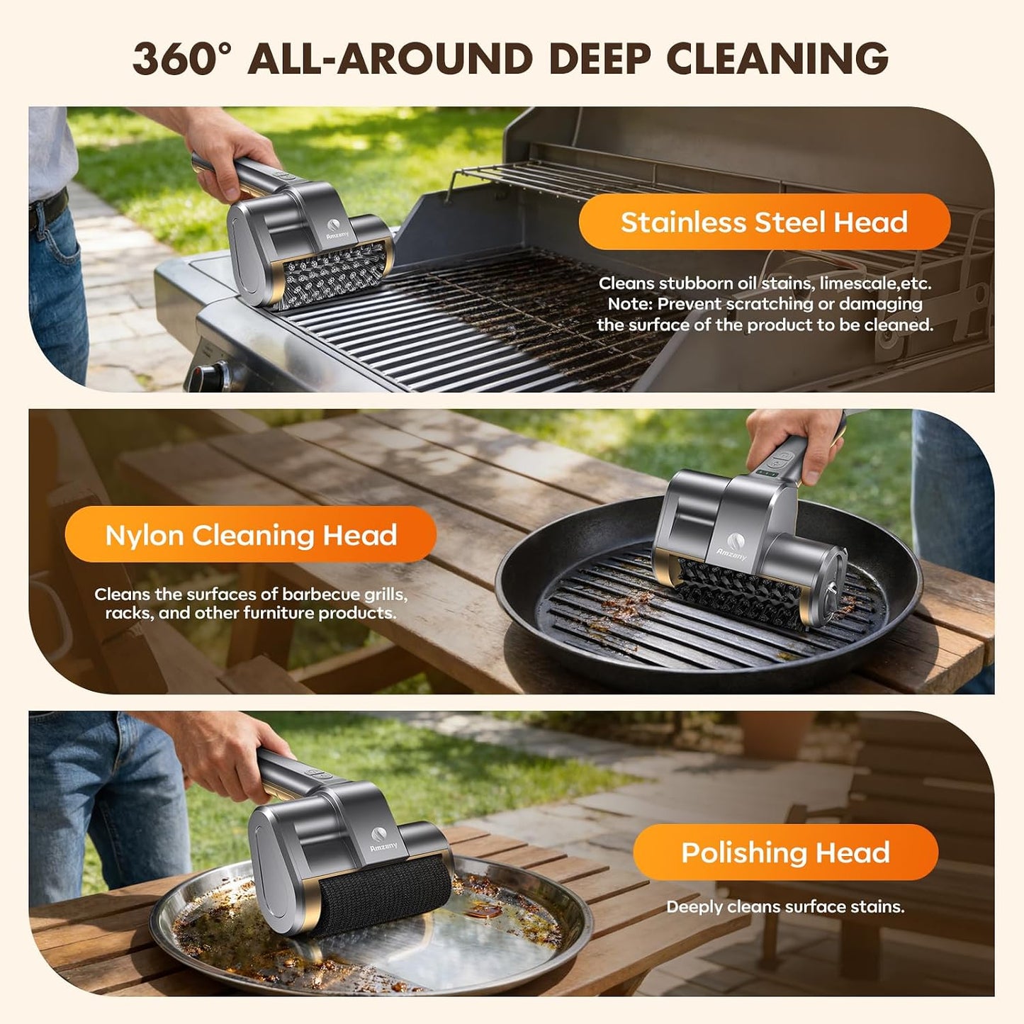 Amzany Cordless Electric Grill Brush — Rechargeable BBQ Cleaner with 3 Replaceable Heads, 2-Speed Powerful Motor, 150-Min Runtime, LED Light for Charcoal, Pellet Grills & Griddles