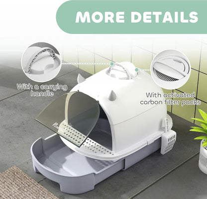 PawHut Cat Litter Box with Lid, Drawer Style Enclosed Kitty Litter Box with Front Door Flap, Scoop, Handle, Easy Clean, Cat Litter Tray for Small and Medium Cats, Green