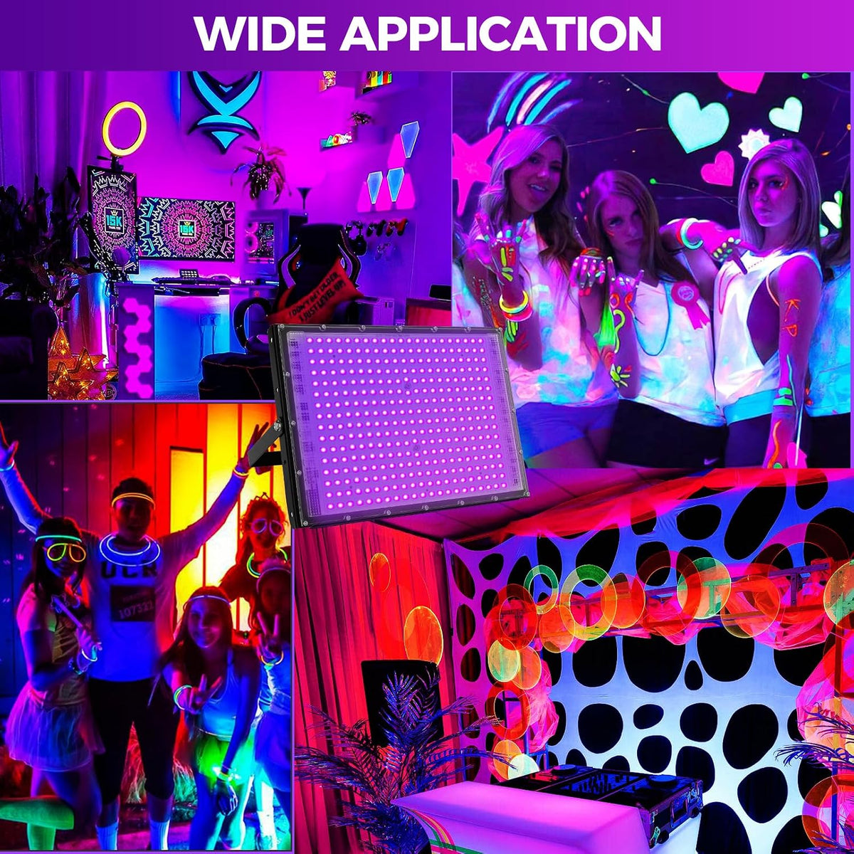 300W LED Black Lights for Glow Party, IP65 Waterproof UV Blacklight Floodlight 395nm Black Light Spotlight Purple Black Light Flood Light Fluorescent UV Light Lamp for Halloween Decor (4 Pack)