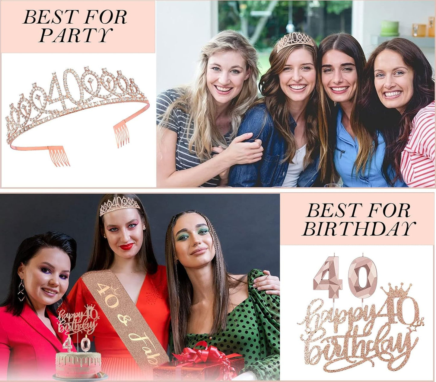8pcs 40th Birthday Decorations gifts for Women, Including 40th Happy Birthday Cake Topper, Queen Sash with Pearl Pin, Sweet Rhinestone Tiara Crown for Women, Number Candles and Balloons (Rose Gold)