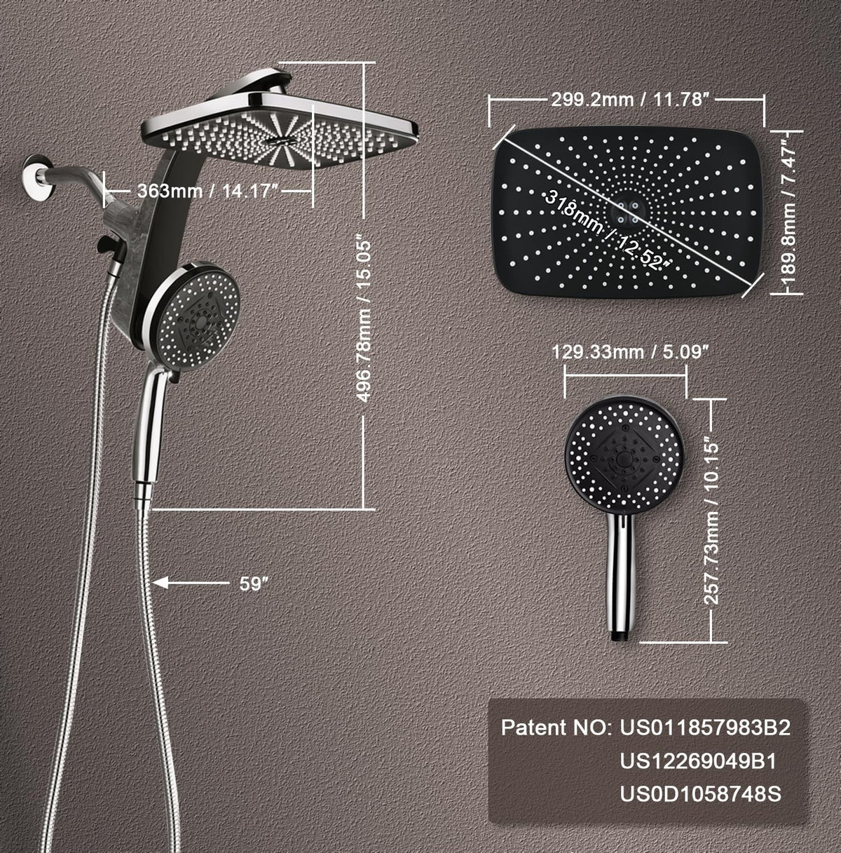 12" High Pressure Rain Shower Head with Handheld, 9 Sprays Hand Showerhead