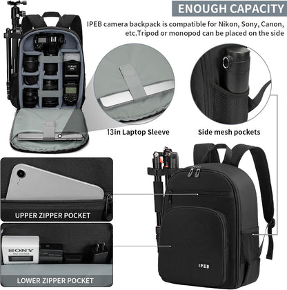 IPEB Camera Backpack Bag with Tripod Holder Water Resistant Camera Cases Photography Backpack Anti-Theft for DSLR Camera