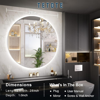 TETOTE 28 Inch Round LED Bathroom Vanity Mirror, Anti-Fog Dimmable Lights IP54 Waterproof Circle Makeup Wall Mounted Mirror
