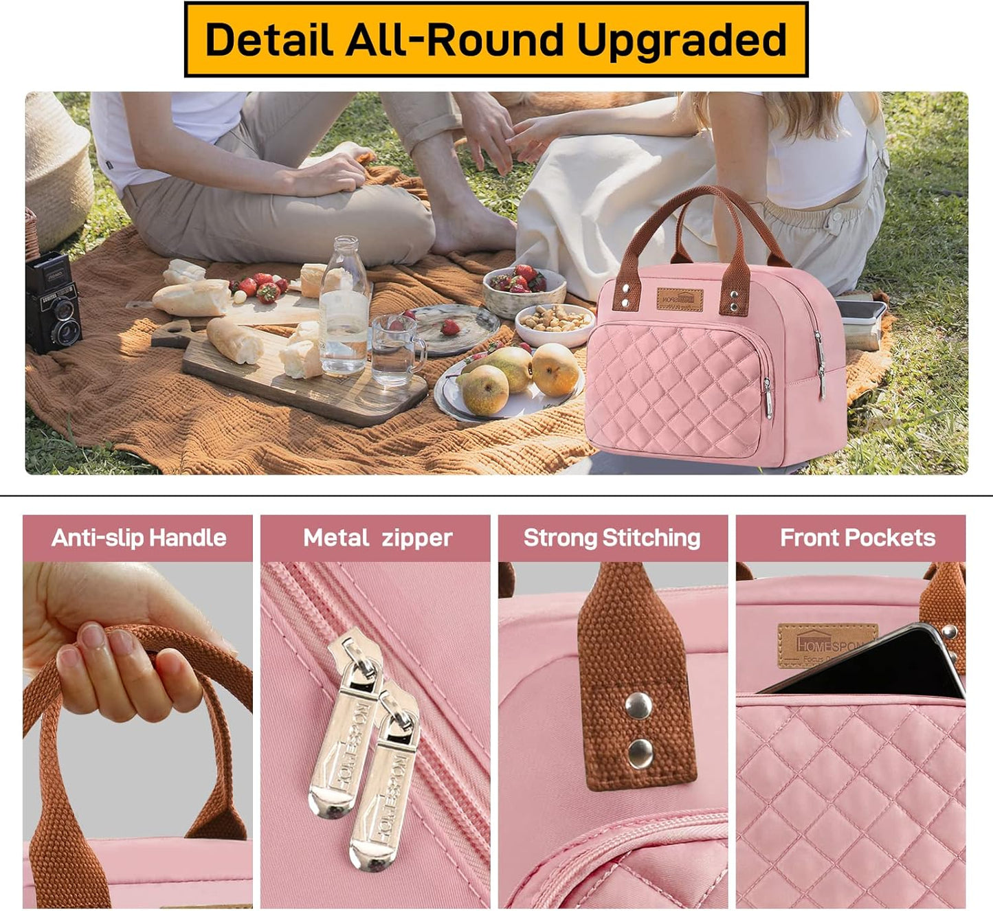 HOMESPON Lunch Bag for Woman Man Adults with Front Pocket Insulated Lunch Tote Lunch Box Container for Work Picnic or Travel(Black)