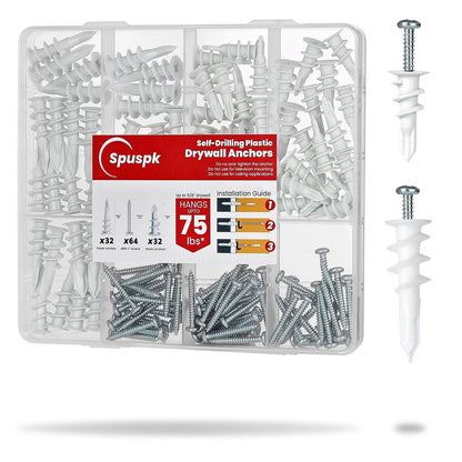 Spuspk #8 Self Drilling Drywall Anchors,120Pcs Wall Anchors and Screws for Drywall, 60 Self-Tapping/Threaded Plastic Sheetrock Anchors + 60#8 x 1-1/4'' Screws, 75LB Hanging and Mounting