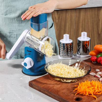 Geedel Kitchen Cheese Grater, Rotary Mandoline Vegetable Slicer with Interchangeable Blades, Easy to Use Rotary Grater Slicer for Fruit, Vegetables, Nuts