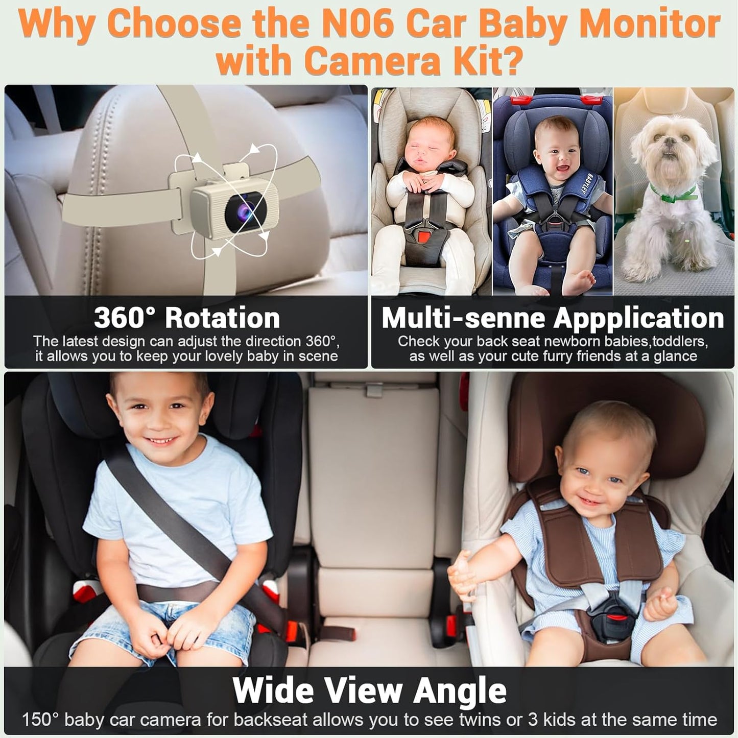 Rohent Baby Car Camera HD 1080P - Rear-Facing Infant Monitor with Night Vision Car Camera for Baby 150° Wide-Angle Lens Anti-Glare Screen Easy Install 360° Adjustable Display