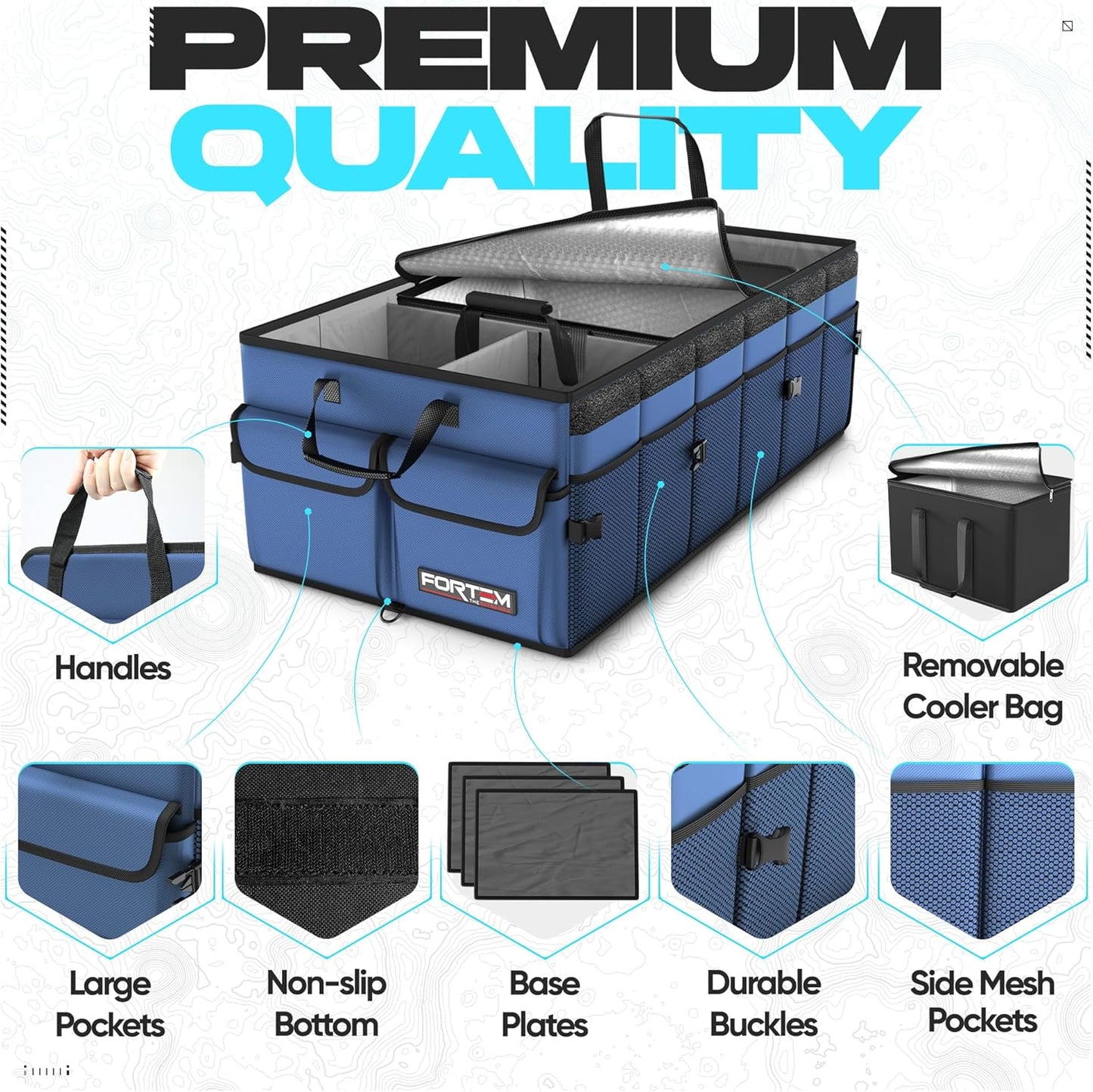 FORTEM Car Trunk Organizer, Collapsible Multi Compartment Car Organizer, Foldable SUV Storage for Car Accessories for Women Men, Non Slip Bottom, Securing Straps, Soft Cover 50L (Black, Standard)