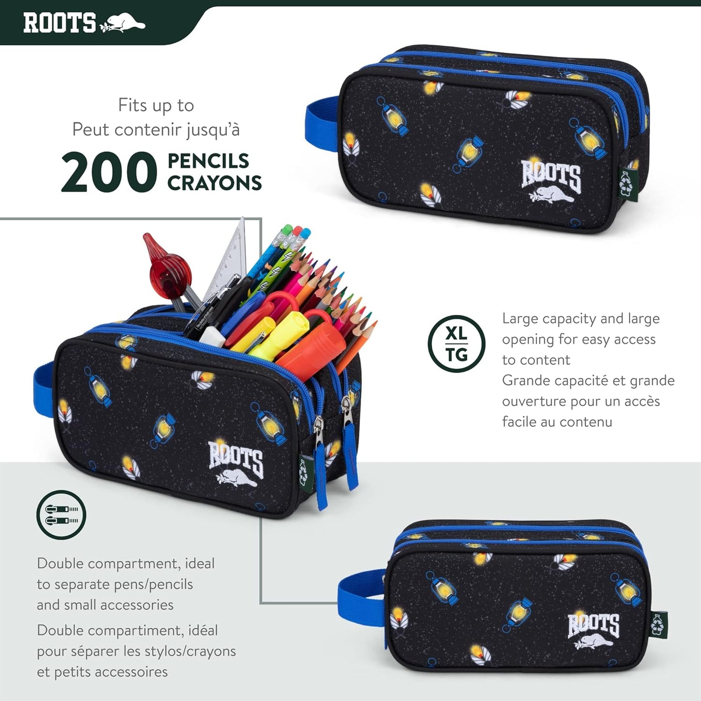 Roots Essential 3-in-1 Matching Water Resistant Kids Backpack and Lunch Bag Set with Bonus Pencil Case - Made From 100% Recycled Fabrics - 22.5 litres, Purple Pink Polka Dot