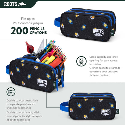 Roots Essential 3-in-1 Matching Water Resistant Kids Backpack and Lunch Bag Set with Bonus Pencil Case - Made From 100% Recycled Fabrics - 22.5 litres, Purple Pink Polka Dot