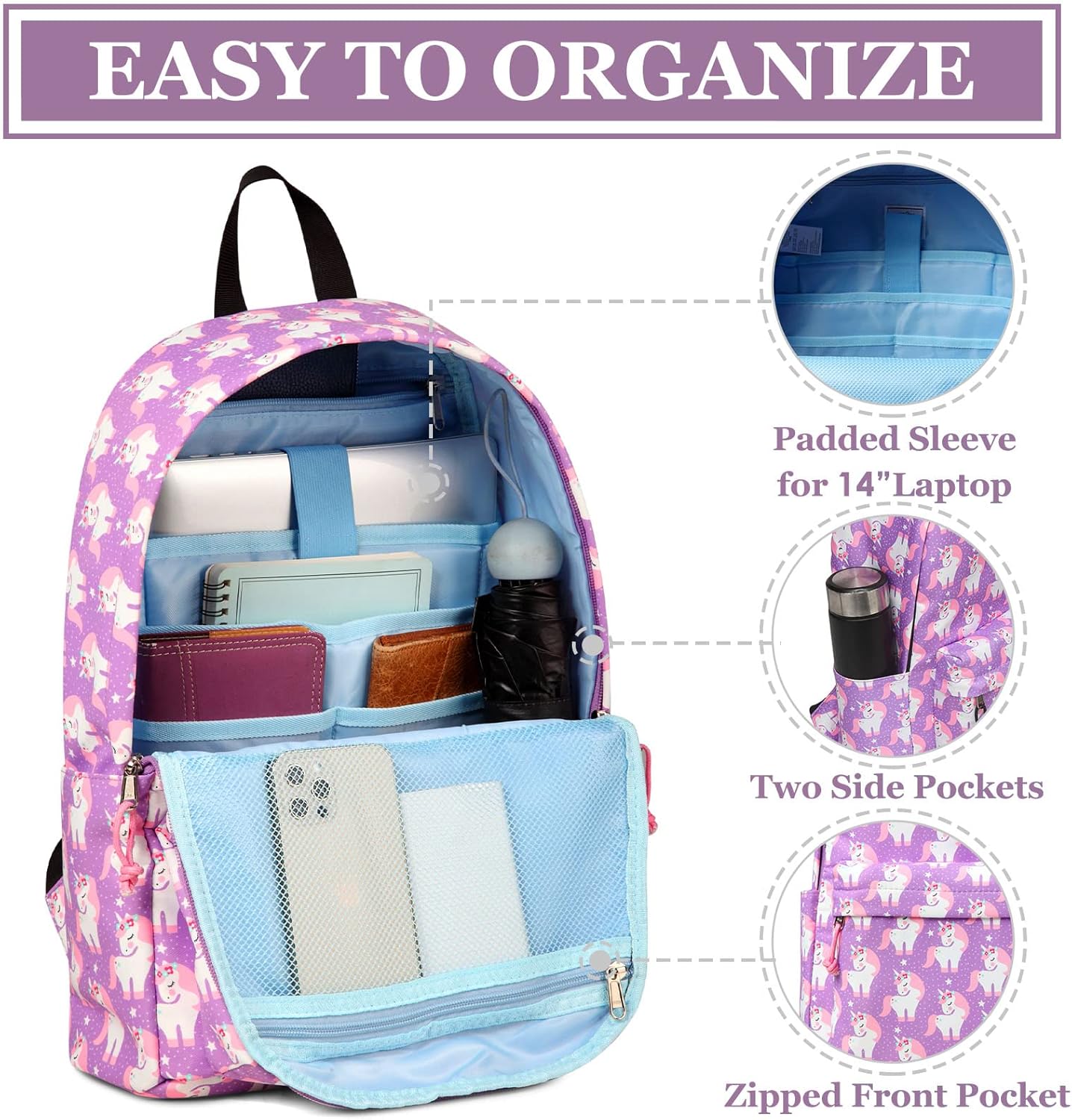 VASCHY Lightweight School Backpack for Women with Sleeve for 14" Laptop