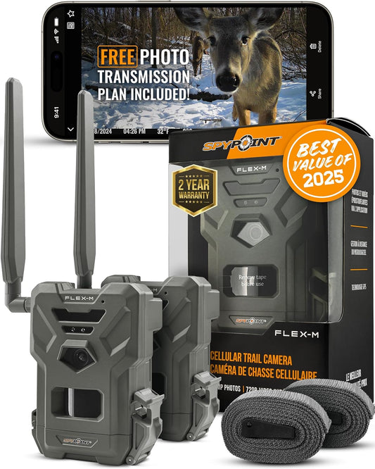 SPYPOINT FLEX-M Twin Pack Cellular Trail Cameras - Best Hunting Accessories, No WiFi Needed, GPS, Night Vision, Motion Activated, IP65 Water-Resistant Game Camera, 28MP Photos, 720p Videos + Sound (2) - PuriLite