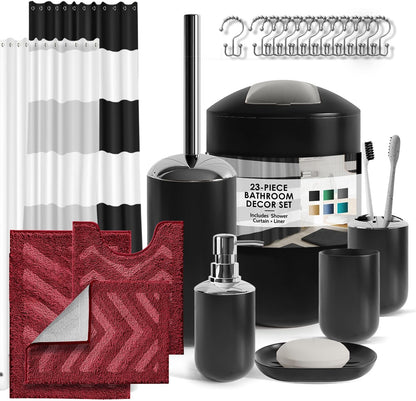 Clara Clark Bathroom Set - Gray Bathroom Accessories Set, Bathroom Sets with Shower Curtain and Rugs, 23PC Shower Curtain Set with Liner, Soap Dispenser, Soap Dish, Toilet Brush Holder, and Trash Can