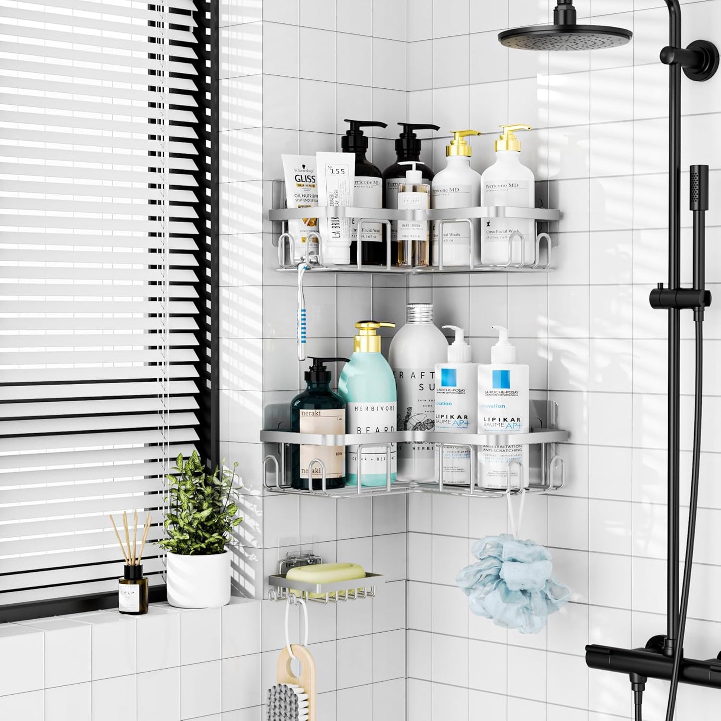MOFOROCO 3-Pack Shower Caddy Corner Basket Shelf with Soap Holder, No Drilling Traceless Adhesive Shower Wall Shelves, Black Bathroom Shower Storage Organizer（ for 90-Degree Right-Angle Walls）