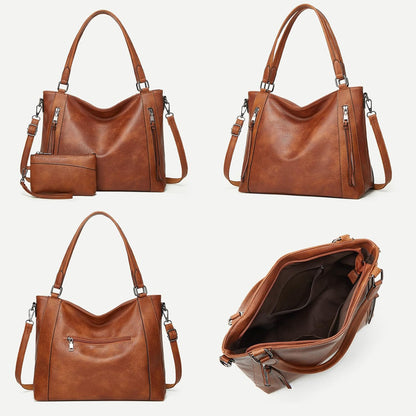 Hobo Bags for Women Handbags Purse Ladies Boho Shoulder Bag Crossbody Purses PU Leather Brown 2PCS