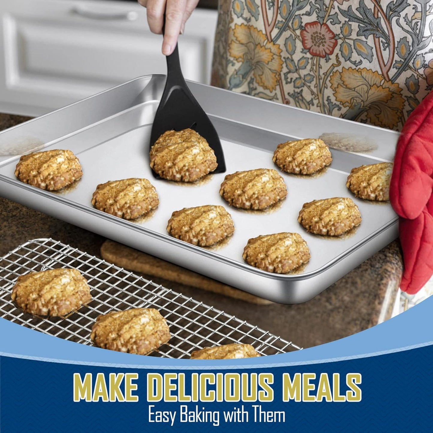17.5 Inch Baking Sheet Pan with Rack Set, Joyfair Stainless Steel Half Size Oven Cookie Sheet Tray with Cooling Rack, Non-Toxic & Heavy Duty, Mirror Finishes &Easy Cleaning - (1 Pan + 1 Rack)