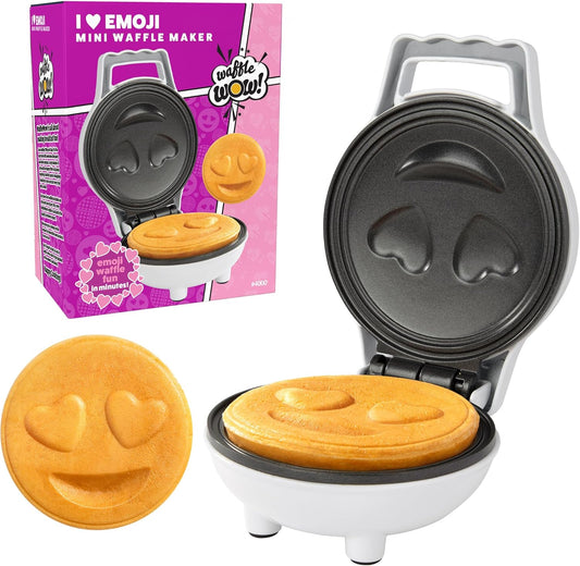 Heart Eyes Emoji Mini Waffle Maker- Make Breakfast Special w Cute Personal-Sized 4" Smiley Face Pancakes- Electric NonStick Baker Iron