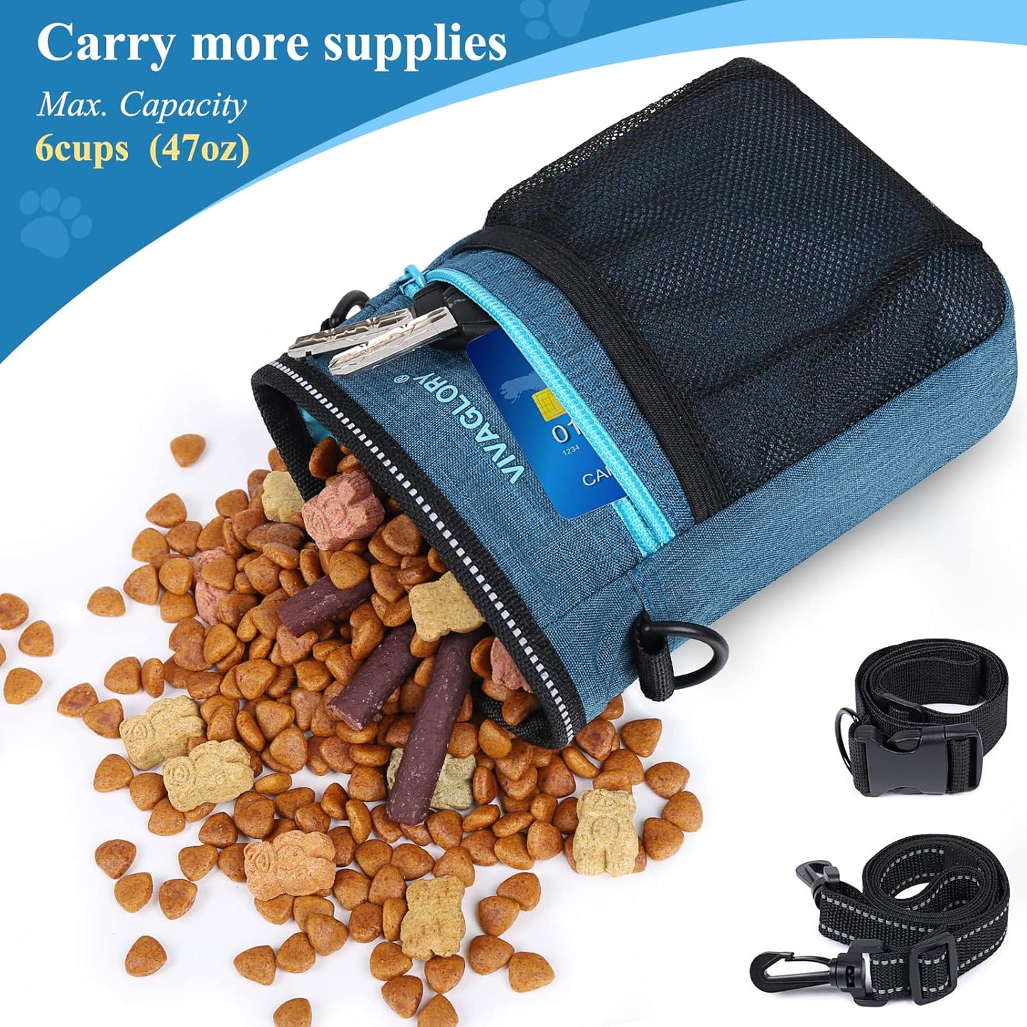 VIVAGLORY Dog Training Treat Pouch, 4Ways to Wear Dog Treat Bags, Built in Dog Waste Bag Dispenser Treats Training Bags with Reflective Adjustable Shoulder Strap, Heather Blue