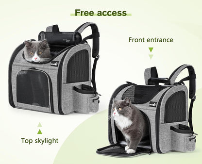 Pecute Cat Backpack with Breathable Mesh, Dog Backpack Carrier with Multi-Pockets for Cats Puppies, Pet Backpack Carrier for Travel Hiking Camping Outdoor （Gray）