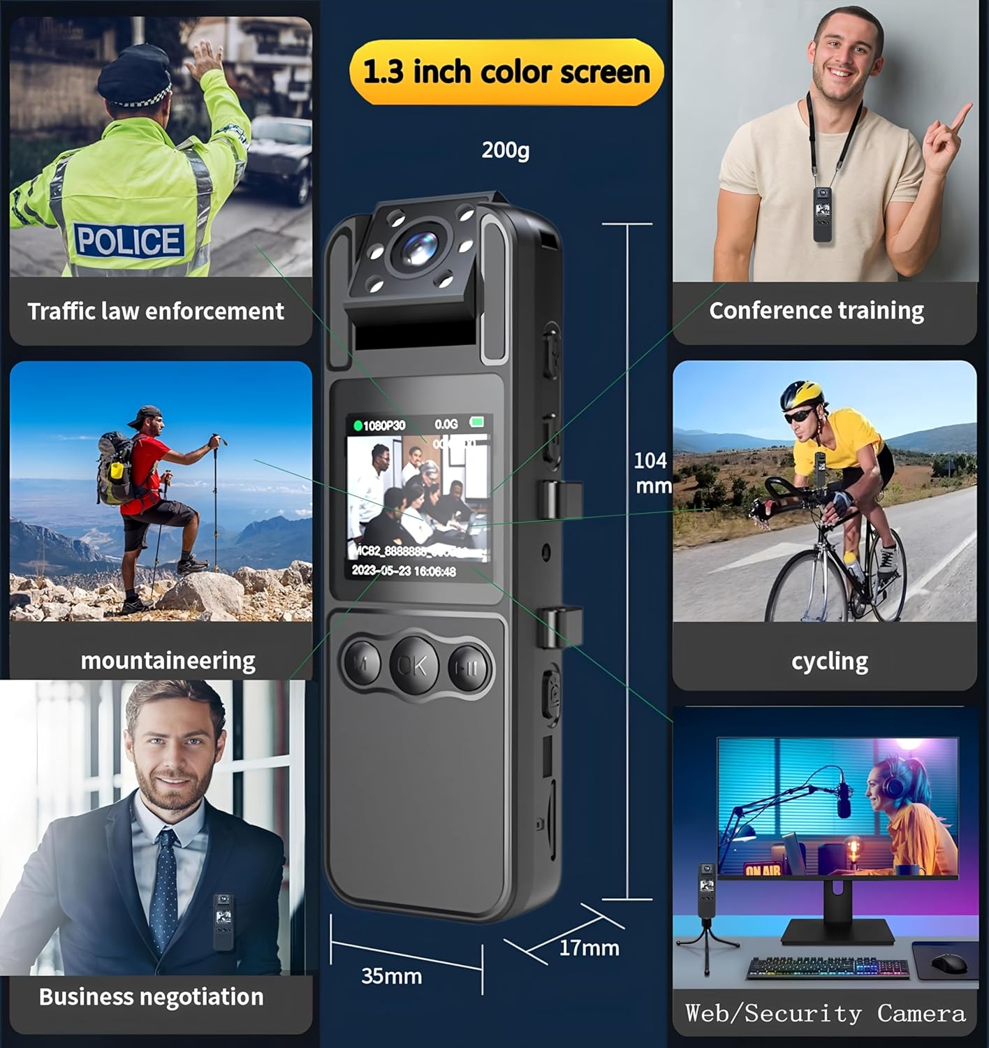 1080P Body Cameras with Audio and Video Recording| 180° Rotating Lens | 6-8HR Battery | Night Vision | 64GB SD Card | 1.3" LCD | Portable Security Cam for Police, Law Enforcement, Outdoors & Meetings