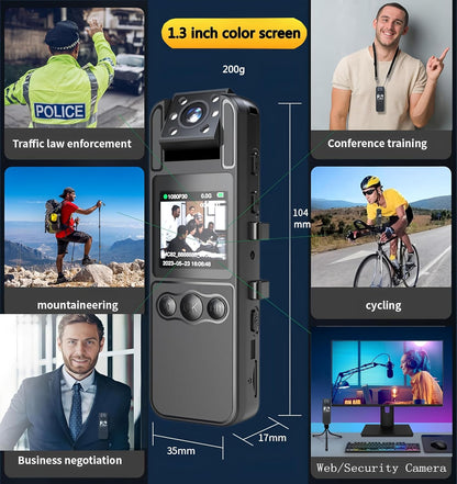 1080P Body Cameras with Audio and Video Recording| 180° Rotating Lens | 6-8HR Battery | Night Vision | 64GB SD Card | 1.3" LCD | Portable Security Cam for Police, Law Enforcement, Outdoors & Meetings