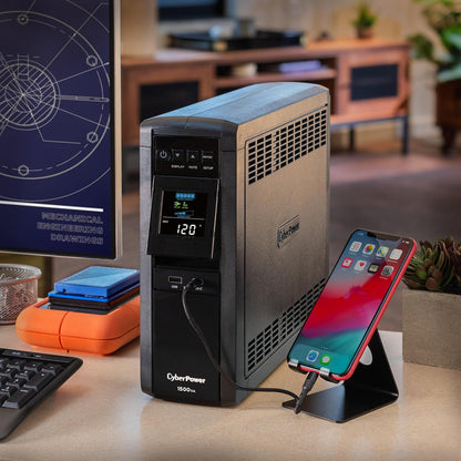 CyberPower CP1500PFCLCD PFC Sinewave UPS System, 1500VA/1000W, 12 Outlets, AVR, Mini Tower, Black