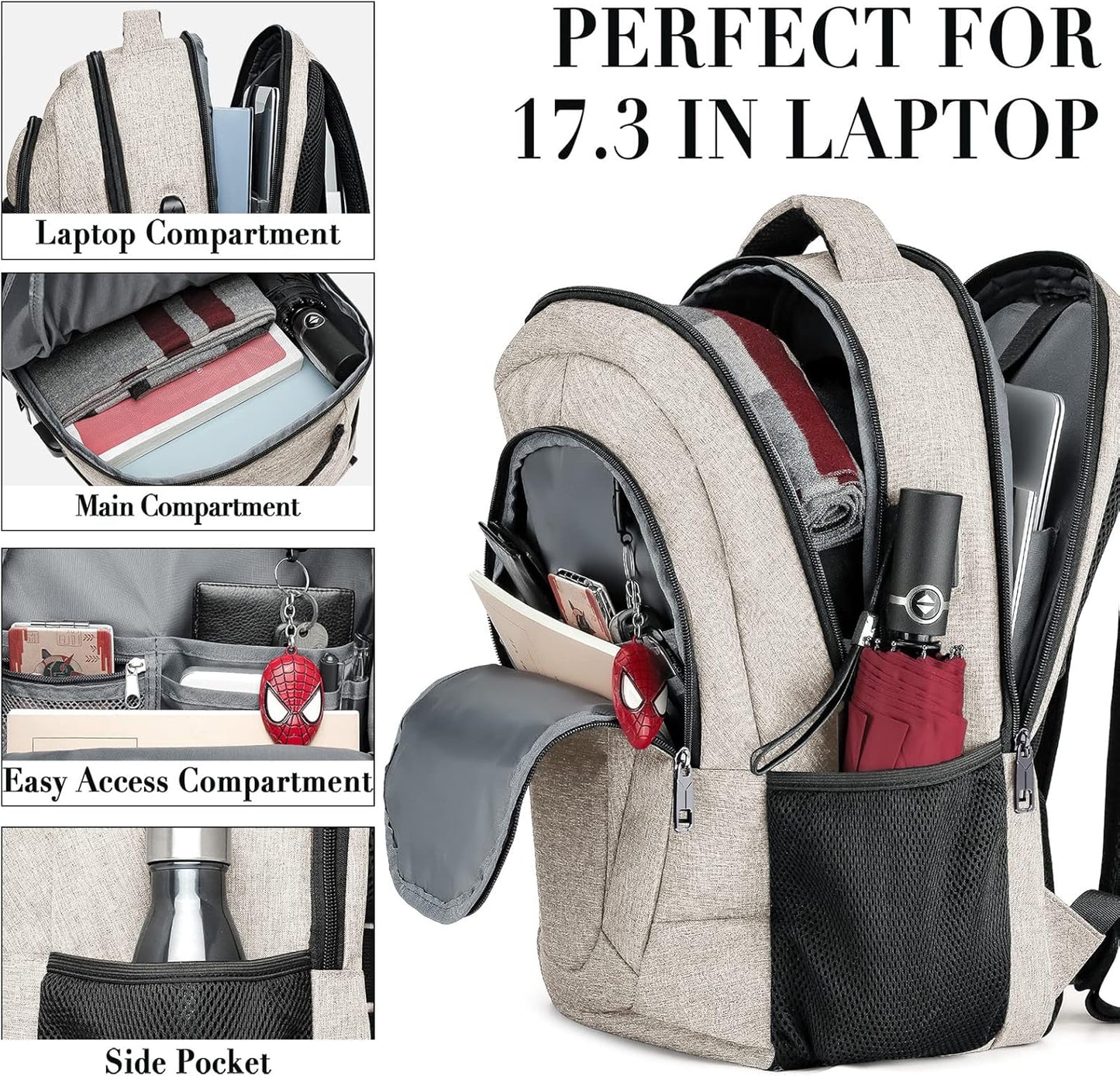 Backpack for Men and Women, School Backpacks for Teen Boys and Girls, Black Water Resistant Back Pack, Business Men Sturdy Computer Bag with USB Charging Port, Gifts
