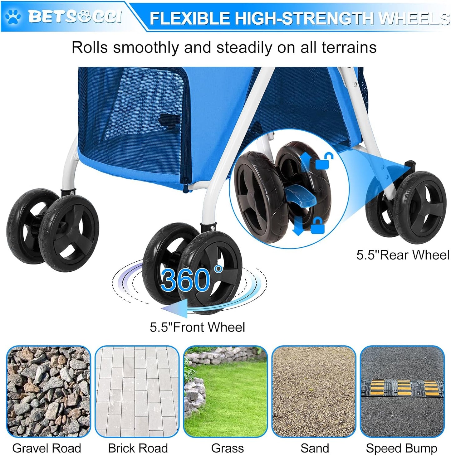 Double Pet Stroller with Detachable Carrier for Medium Small Dogs and Cats, Foldable 3-in-1 Cat Stroller with 4 Wheels Lightweight for 2 Dogs or Cats Light Blue