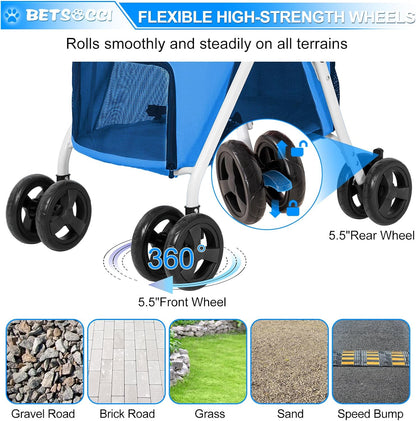 Double Pet Stroller with Detachable Carrier for Medium Small Dogs and Cats, Foldable 3-in-1 Cat Stroller with 4 Wheels Lightweight for 2 Dogs or Cats Light Blue