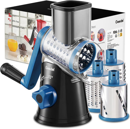 Rotary Cheese Grater and Mandoline Vegetable Slicer with Interchangeable Stainless Steel Blades – Manual Food Grater for Vegetables, Cheese, Nuts, and Fruits, Black - PuriLite