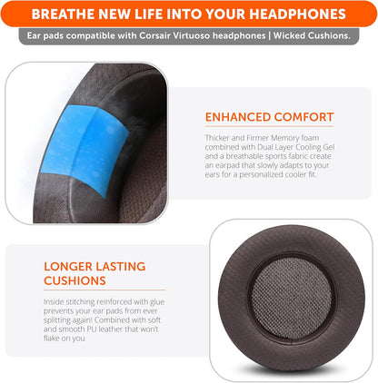 WC Freeze Virtuoso - Hybrid Fabric Cooling Gel Replacement Earpads for Corsair Virtuoso Gaming Headset, Made by Wicked Cushions, Improved Durability, Thickness and Sound Isolation |90s Black