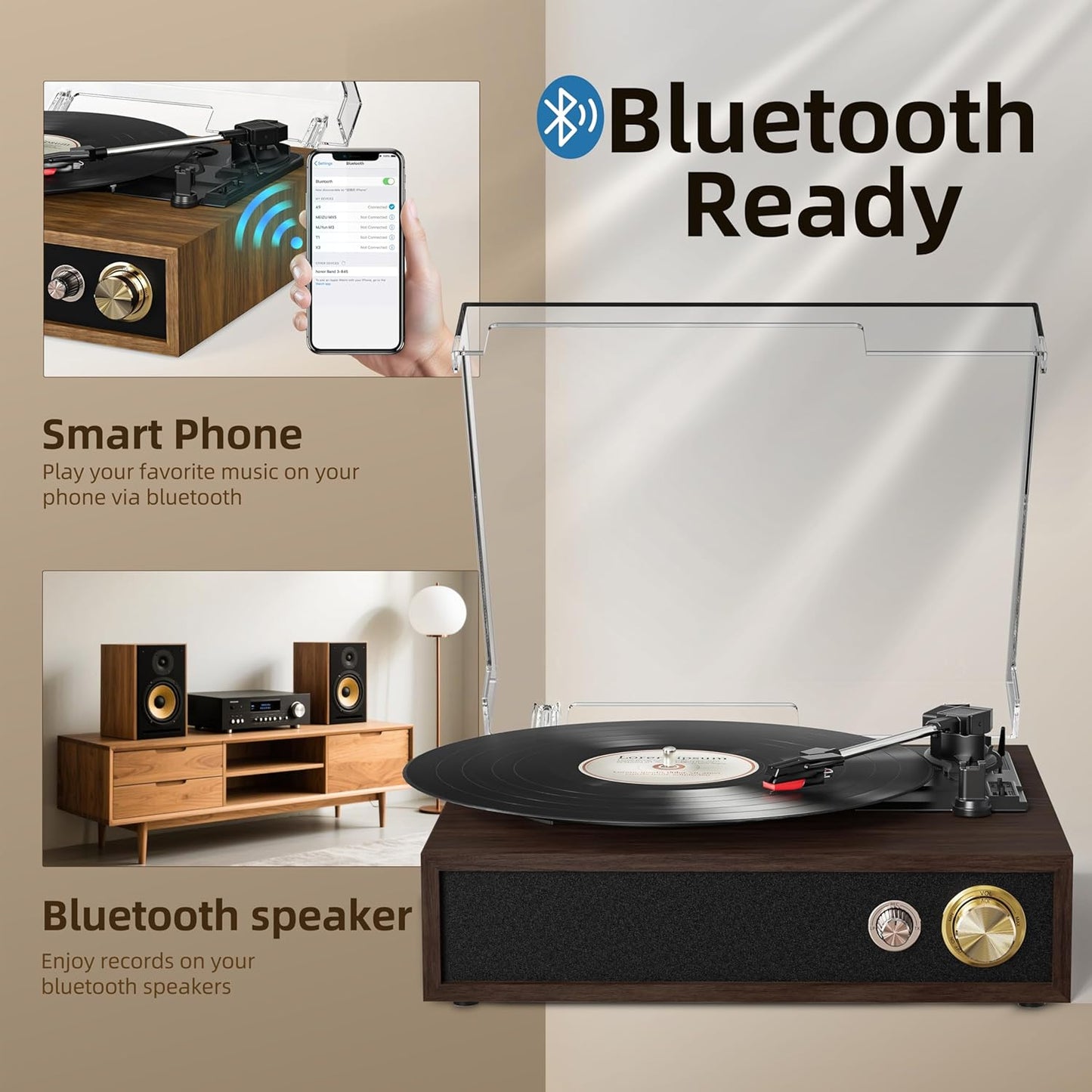 Record Player, FYDEE Vinyl Player with Bluetooth 3-Speed Turntable for Vinyl Records (33/45/78 RPM) with Built-in Bluetooth Receiver & Transmitter, RCA Out/USB in, Dust Cover (Ebony)