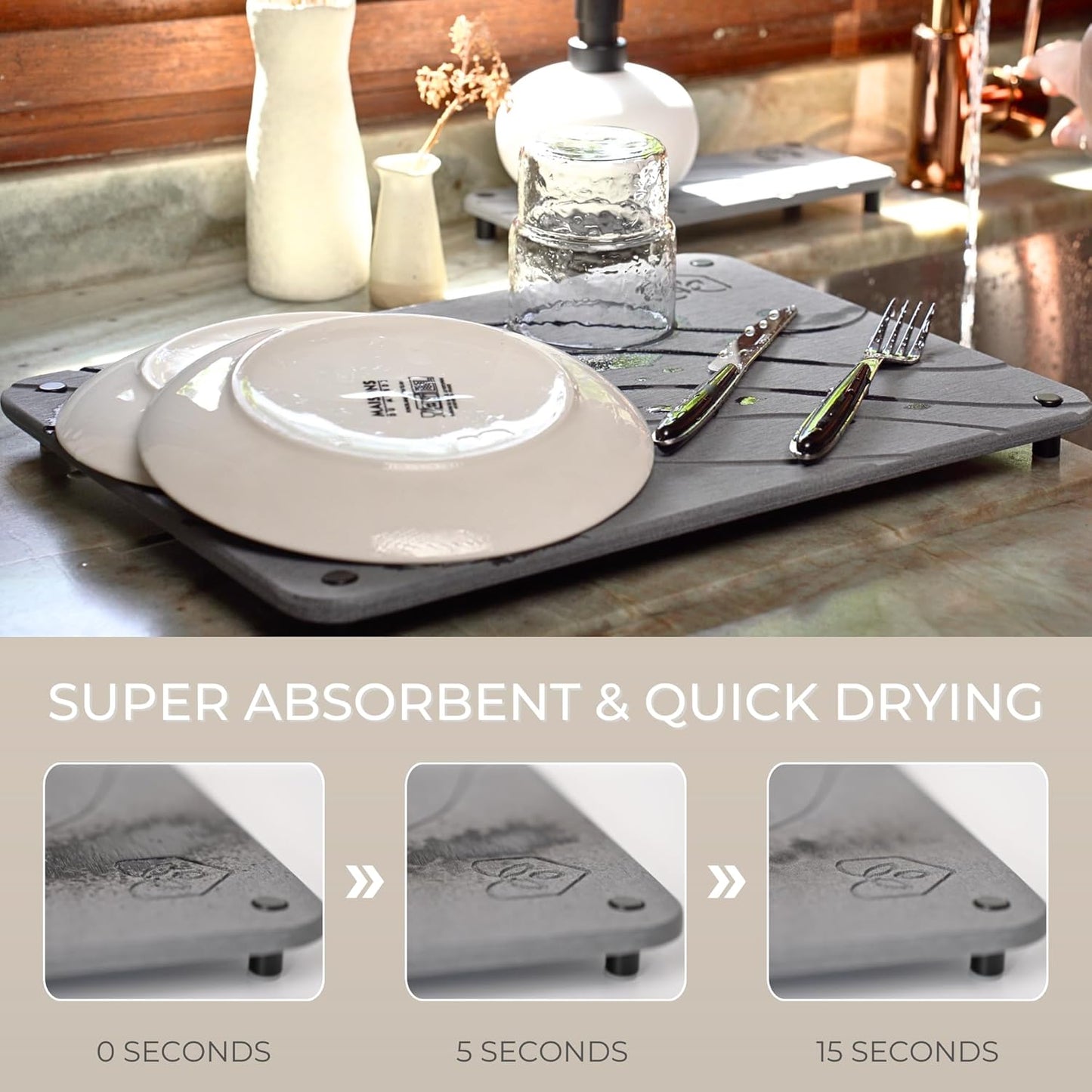 Natureva Home - Stone Dish Drying Mat | Super Absorbent, Quick Dry | Diatomite Mats for Kitchen Counter | Made of Natural Diatomaceous Earth | Absorbing Water Instantly | Design Tide | Colour Graphite