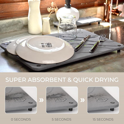 Natureva Home - Stone Dish Drying Mat | Super Absorbent, Quick Dry | Diatomite Mats for Kitchen Counter | Made of Natural Diatomaceous Earth | Absorbing Water Instantly | Design Tide | Colour Graphite