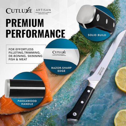 Cutluxe Curved Boning Knife – 6" Boning Knife for Meat Cutting, Fillet Knife – High Carbon German Steel, Full Tang & Ergonomic Handle Design – Artisan Series