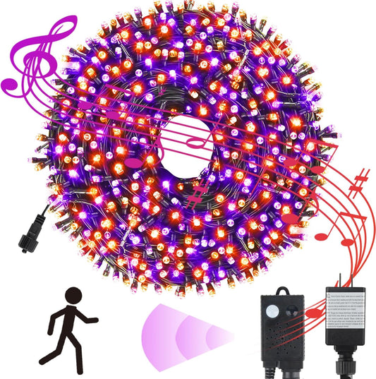 Tcamp 105FT 300 LED Purple Orange Halloween Decorations Lights Motion Activated Sync with 4 Scary Music, 6 Modes Halloween String Lights for Party Yard Outdoor Indoor Decor (3 Sets Connectable) - PuriLite