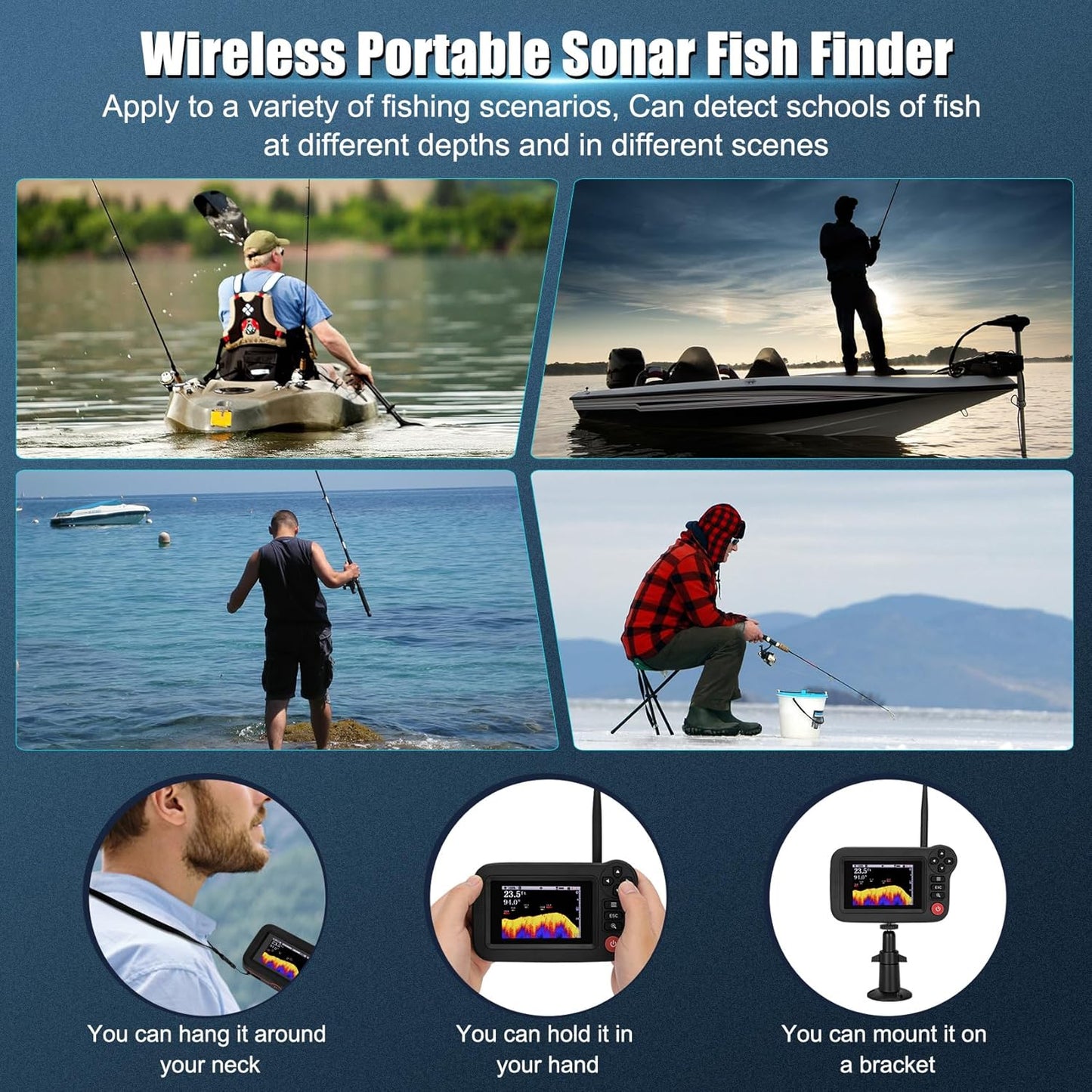 Portable Sonar Fish Finder, Rechargeable Castable Wireless Fish Finders, Kayak Fishfinder with 105° Beam Angle and TFT LCD Display, 2.6-164 FT of Boat Depth Finder for Shore, Sea ＆ Ice Fishing