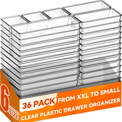 Criusia Large Drawer Organizer Bins 26 Pack | Complete 5 Size Clear Plastic Kitchen Drawer Organizers for Utensils | Bathroom Drawer Organizer Trays | Versatile for Makeup Office Organization