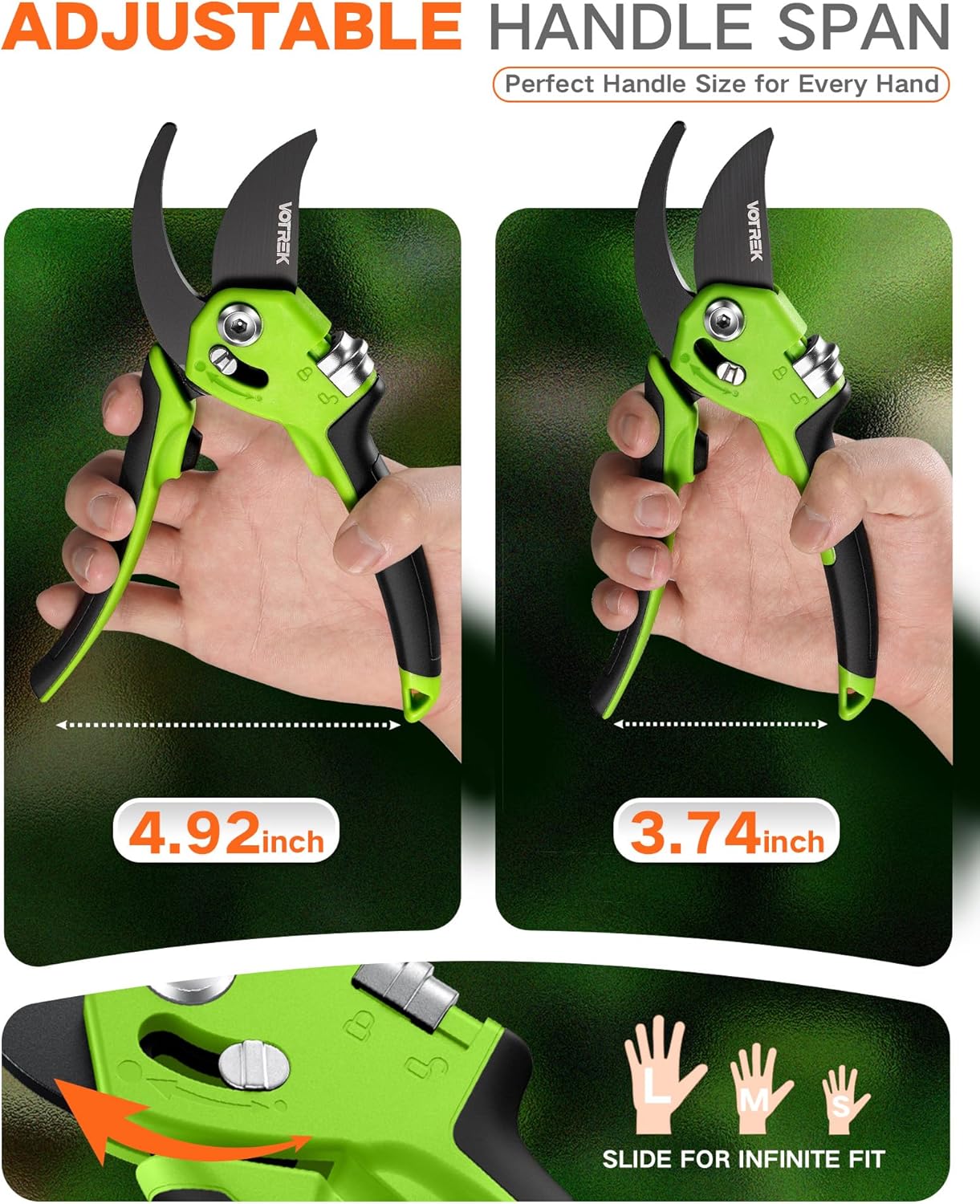 VOTREK Pruning Shears - 8.5" Heavy Duty Bypass Pruners for Gardening with Built-in Spring & SK5 Steel Blades - Ergonomic Adjustable Handle for All Hand Sizes, Garden Clipper Plant Scissors for Branch