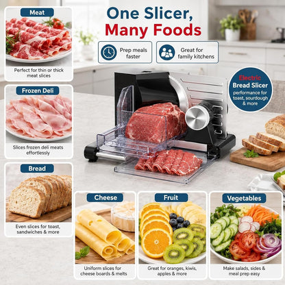 Foldable Meat Slicer Machine, 160W Electric Bread Slicer with Stainless Steel Blade, 0-18mm Thickness Adjustable, Food Cutter for Frozen Deli Meat Jerky