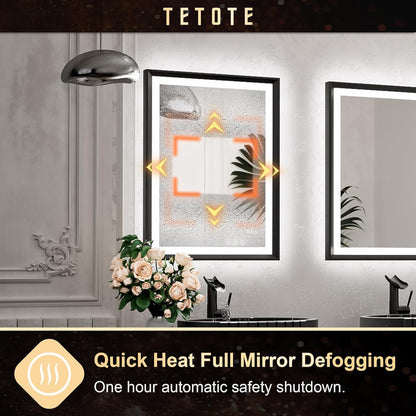 TETOTE 28x36 LED Mirror for Bathroom Black Metal Frame Frontlit & Backlit Lighted Vanity Mirror Baroque Gothic Anti Fog Stepless Dimmable White/Warm/Natural,Wall Mounted(Horizontal/Vertical)
