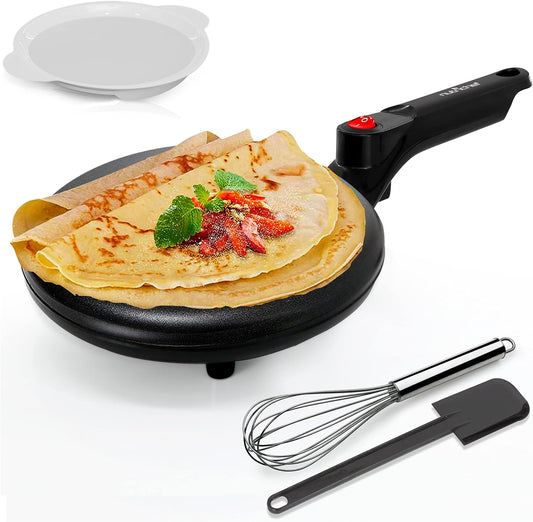NutriChef Electric Crepe Maker, Cooks Roti, Tortillas, Pancakes, Nonstick Cooktop, 8-inch Cook Area On/Off Switch, Automatic Temperature Control & Cool Touch Handle, Includes Food Bowl, Whisk, Spatula