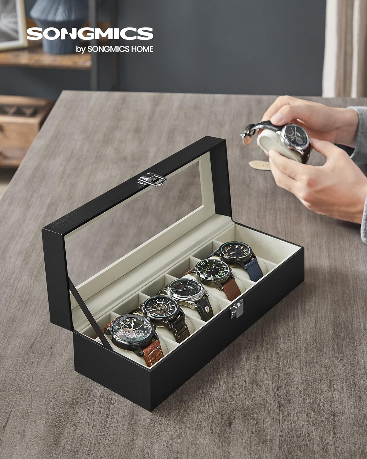 SONGMICS Watch Box, 6-Slot Watch Case, Watch Box Organizer, Black Synthetic Leather, Greenish Gray Lining UJWB06BK