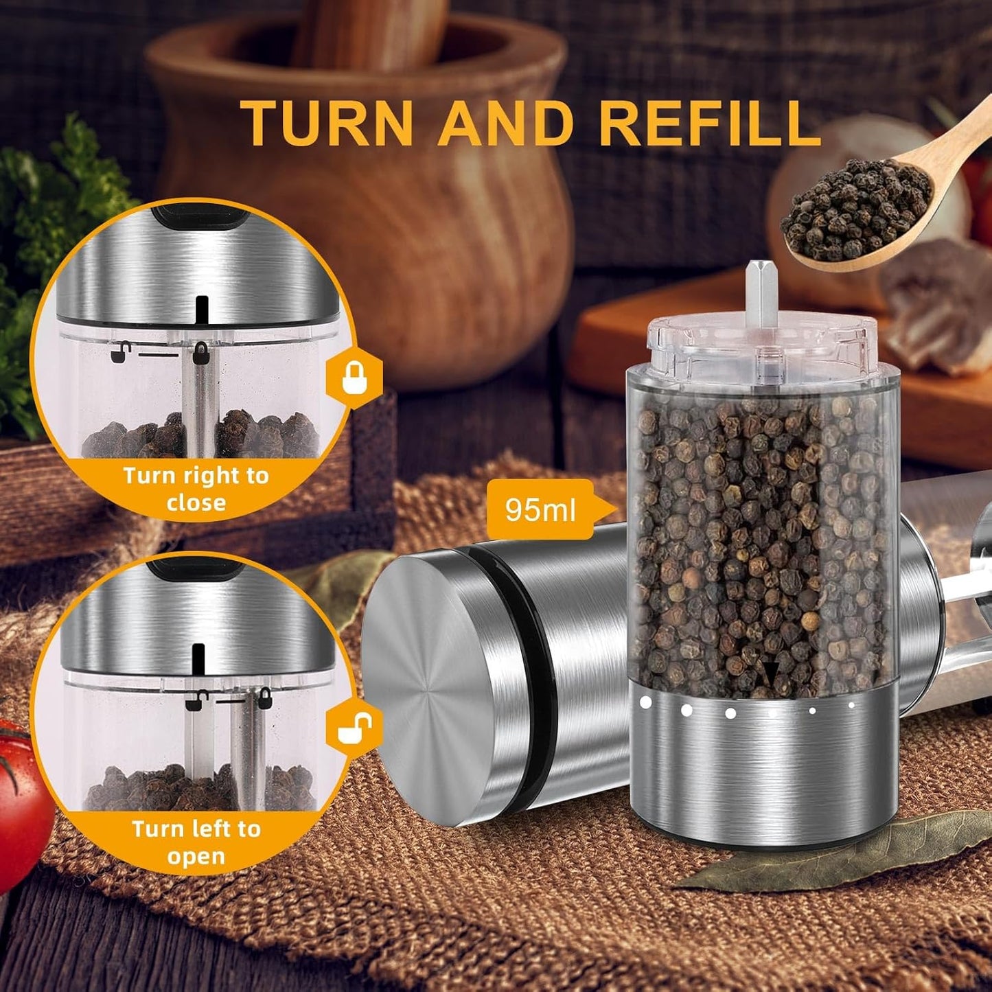 EIHO Electric Salt and Pepper Grinder Set USB Rechargeable, Upgraded External Adjustable Coarseness, Aluminum Alloy Automatic Salt and Pepper Shakers Mills with LED Light, House Warming Cooking Gifts