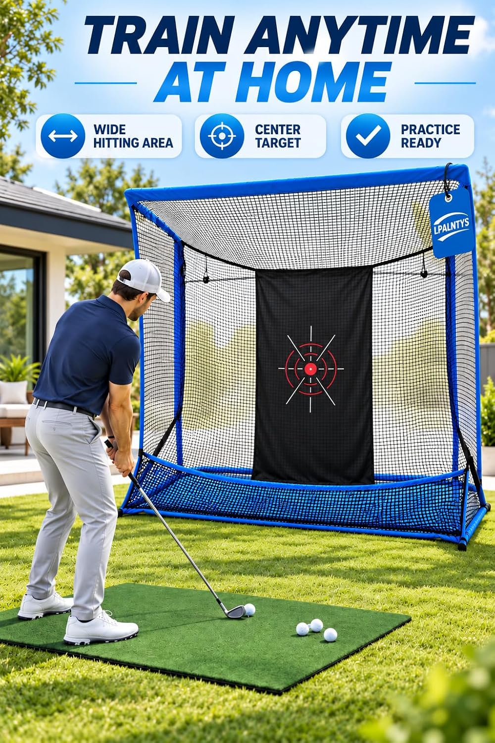 Golf Hitting Net with Extra Striking Net, 10x7ft Heavy Duty Golf Practice Net for Golfer Backyard Driving Swing, Golf Impact Net Cage Metal Frame with Storage Bag and Elevated Base (Blue)
