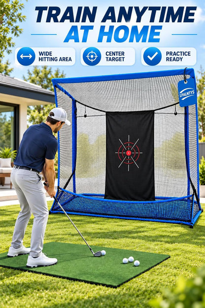 Golf Hitting Net with Extra Striking Net, 10x7ft Heavy Duty Golf Practice Net for Golfer Backyard Driving Swing, Golf Impact Net Cage Metal Frame with Storage Bag and Elevated Base (Blue)