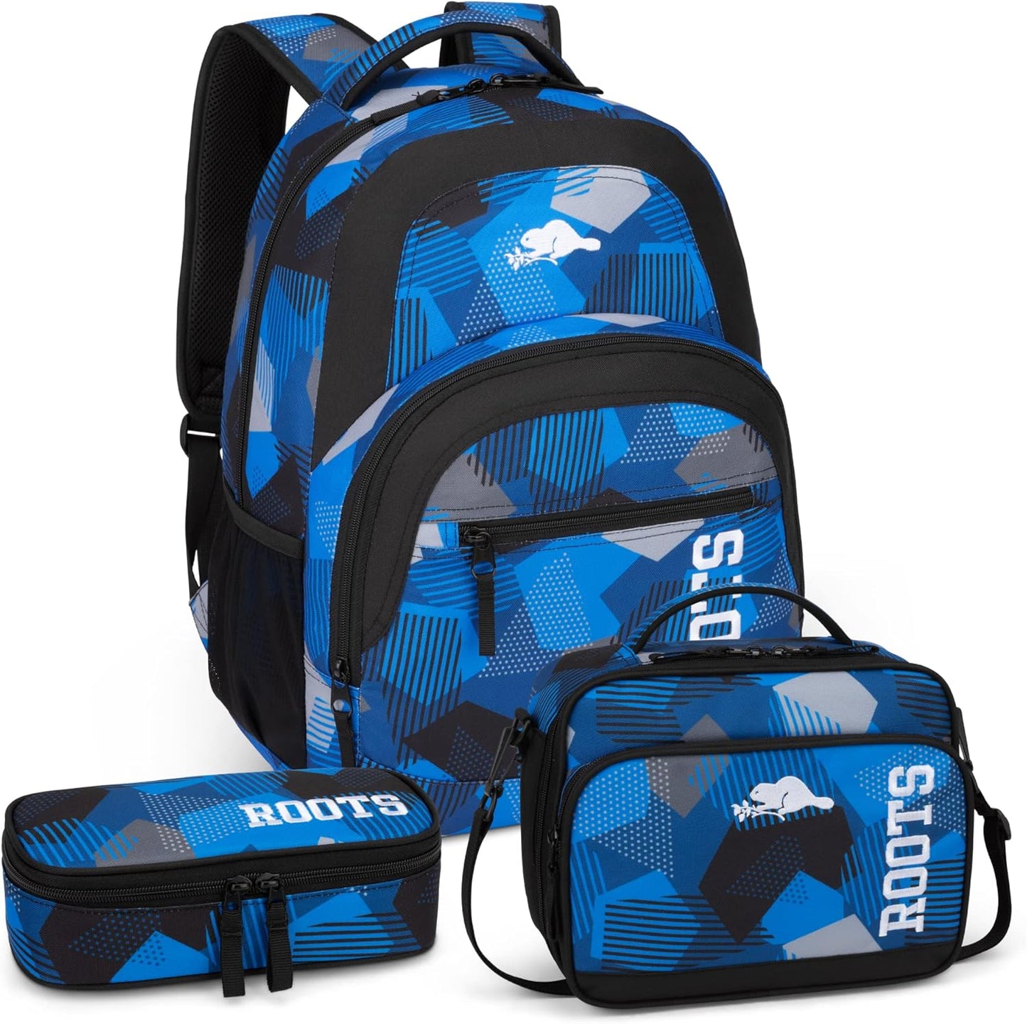 Roots Athletic 3-in-1 Matching Water Resistant Teen Backpack and Lunch Bag Set with Bonus Pencil Case - Made from 100% Recycled Fabrics - 34 litres, Blue Black Navy Camo, XL