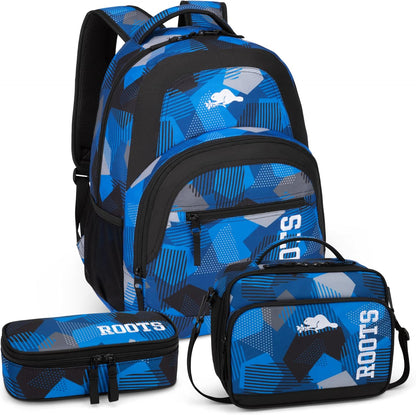 Roots Athletic 3-in-1 Matching Water Resistant Teen Backpack and Lunch Bag Set with Bonus Pencil Case - Made from 100% Recycled Fabrics - 34 litres, Blue Black Navy Camo, XL